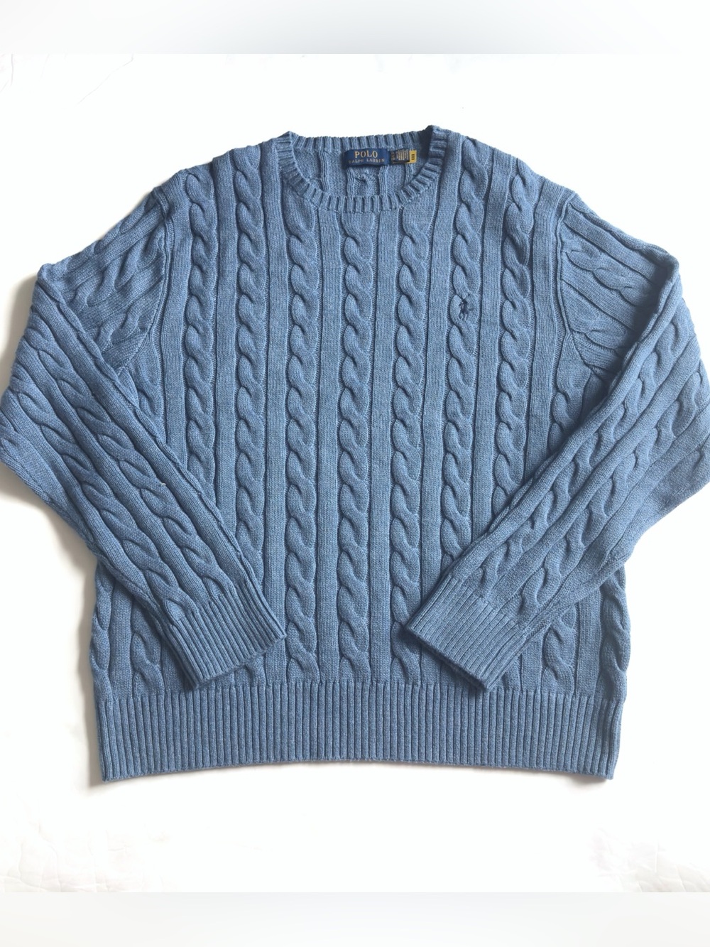 Polo Ralph Lauren Cable Knit Sweater Mens XL Blue Cotton Crewneck Preppy Classic